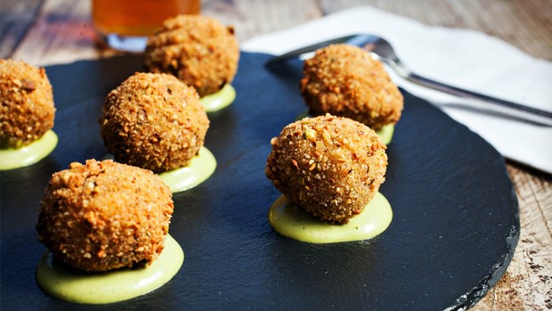 Crispy Pork Fritters with Pistachio Green Goddess 