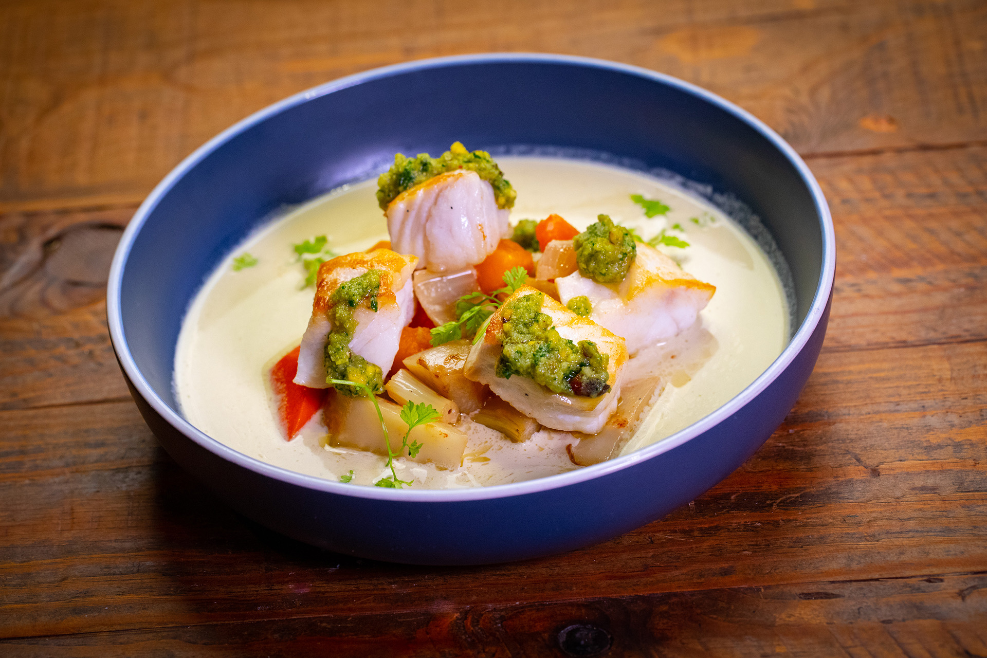 Poached Halibut with Pistachio Soup