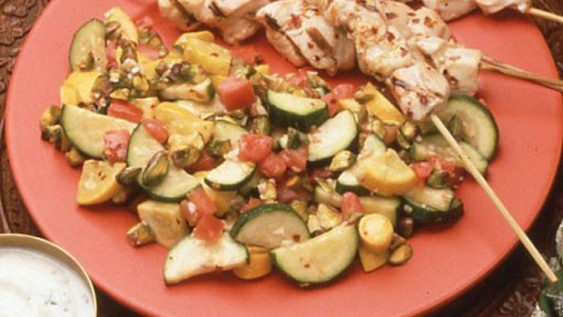 GRILLED CHICKEN KABOB WITH SPICY GARLIC BASTE ON PISTACHIO VEGETABLES