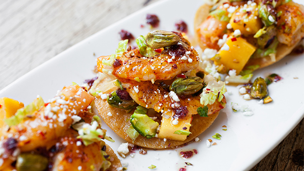 Lowcountry Shrimp Tostada  with Mango Pistachio Salsa