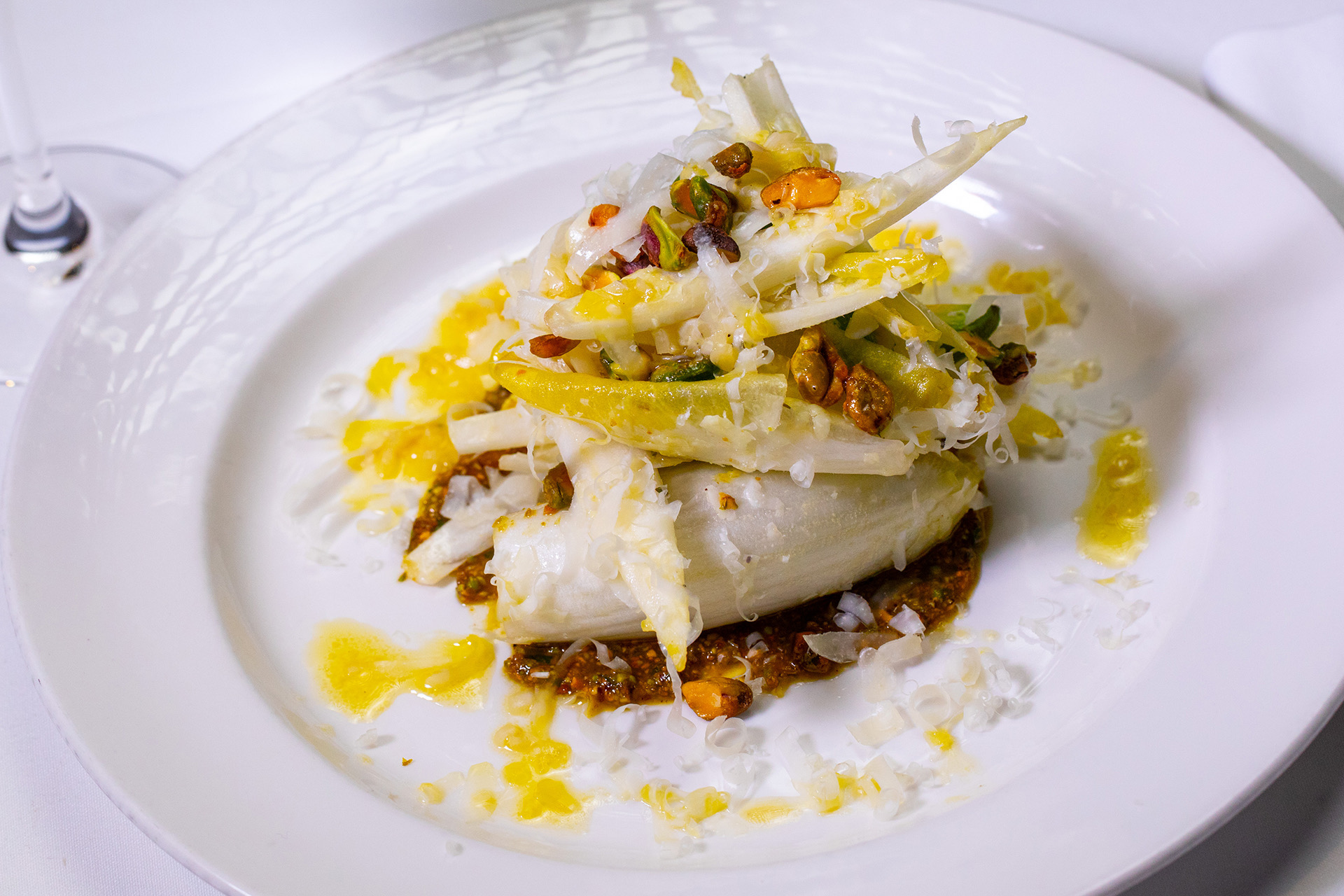 Endive Sala with Avocado Piave and Pistachio Aillade