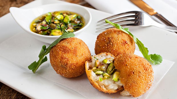 Savory Pistachio & Duck Risotto Balls with Warm Pistachio Sultana Gremolata