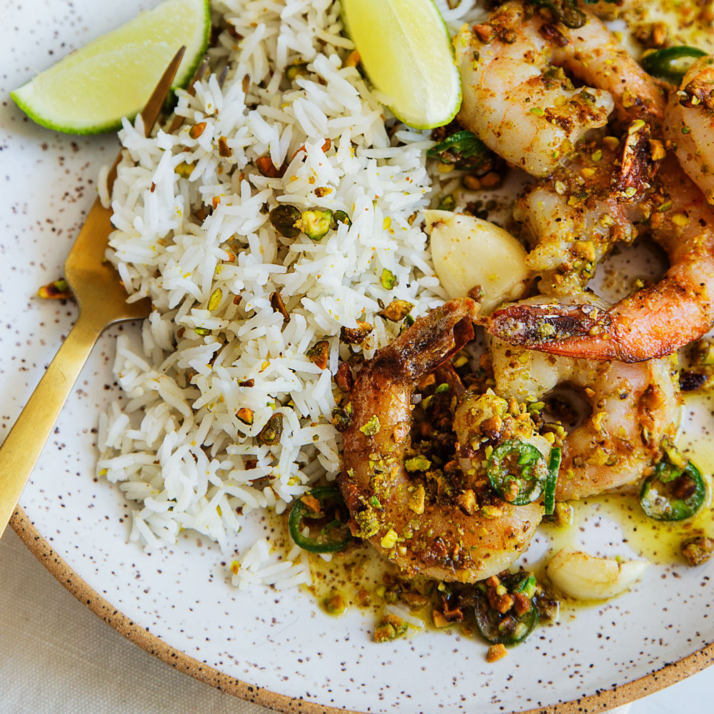 Pistachio & Chili Crusted Shrimp with Pistachio Rice