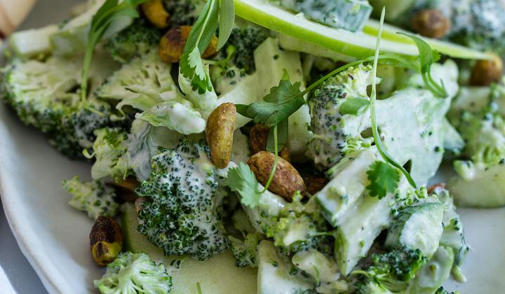 Apple and Broccoli Slaw with Pistachios and Tahini Dressing