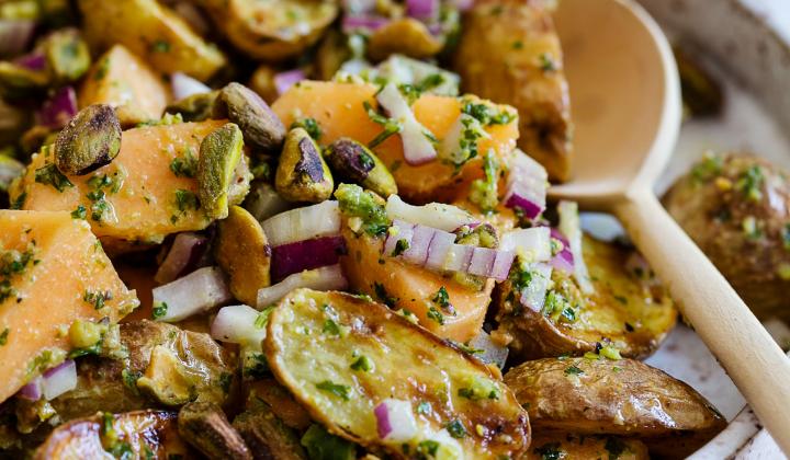 Baked Potato and Melon Salad with Pistachio Vinaigrette