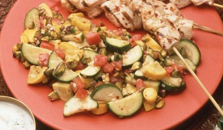 Grilled Chicken Kabob with Spicy Garlic Baste on Pistachio Vegetables