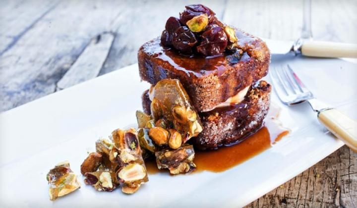 Pistachio Cakes with Cherry Rum Sauce and Pistachio Brittle 