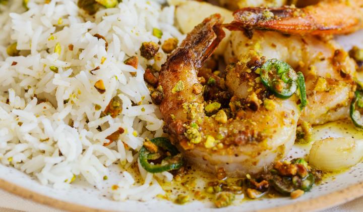 Pistachio & Chili Crusted Shrimp with Pistachio Rice