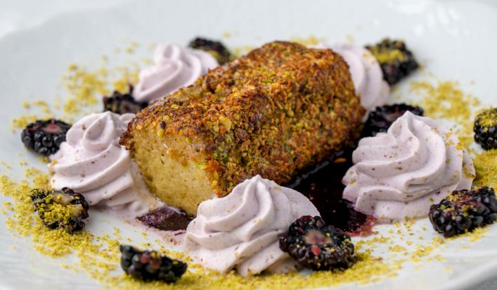 Pistachio-Crusted Pain Perdu Blackberry Chantilly