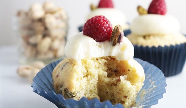 Pistachio Cupcakes with Raspberry and Chantilly Cream