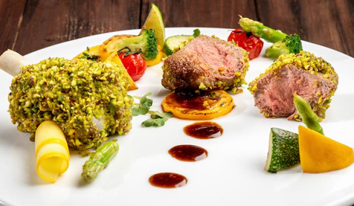 Pistachio crusted duo of Lamb - Rack & Loin Zinfandel Jus