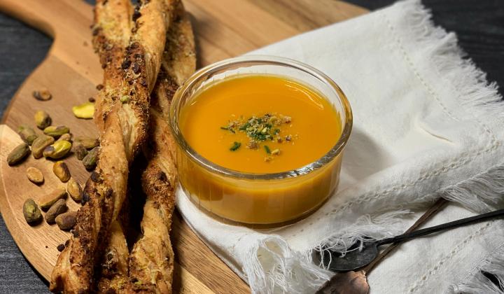 Smoky Pumpkin Soup with Pistachio Twists 